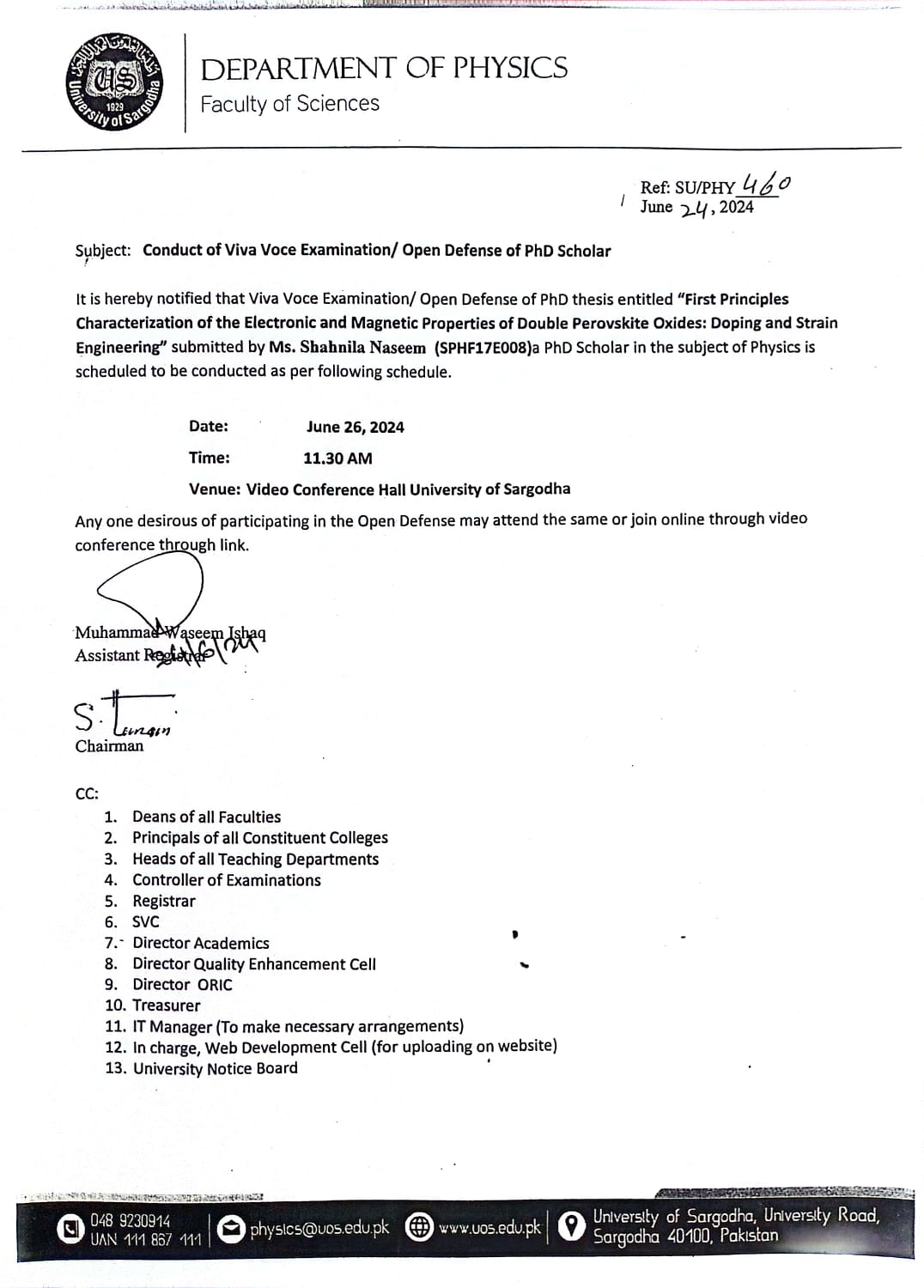 CONDUCT OF VIVA VOCE EXAMINATION/ OPEN DEFENSE OF PHD SCHOLAR (PHYSICS)